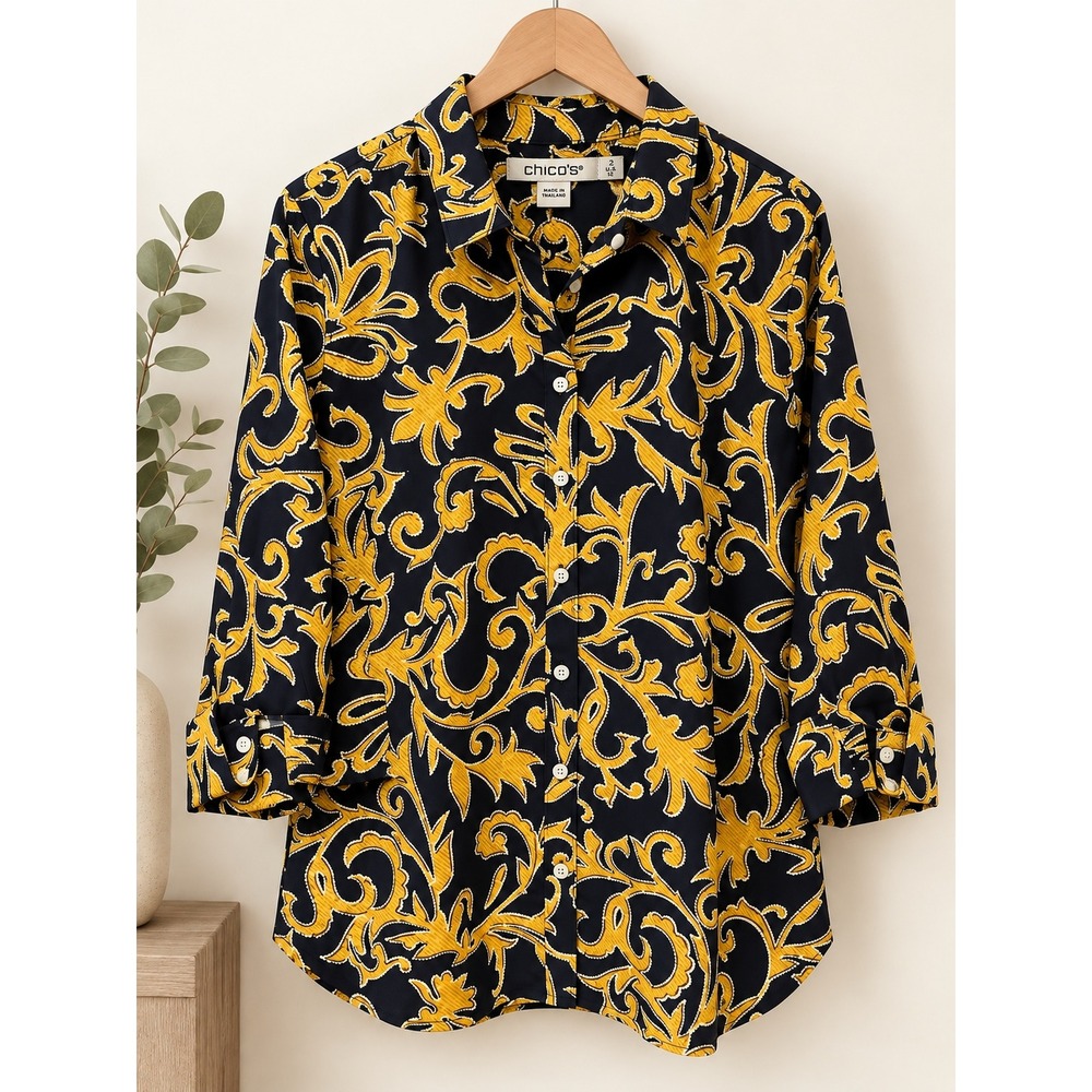 Chico's Navy Blue gold Yellow Baroque Scroll Button Down Shirt Size 2 US 12